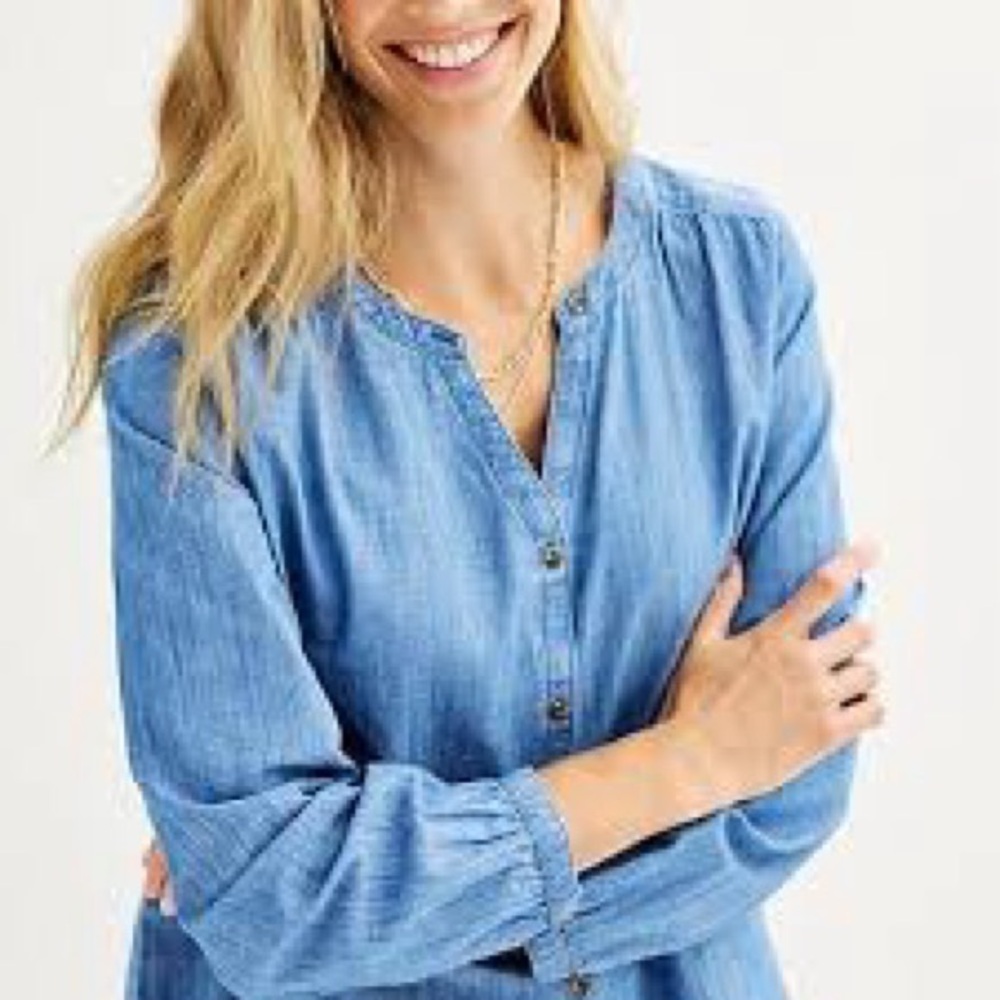 Sonoma Goods For Life Blue chambray Denim mandarin collar Top Size Small